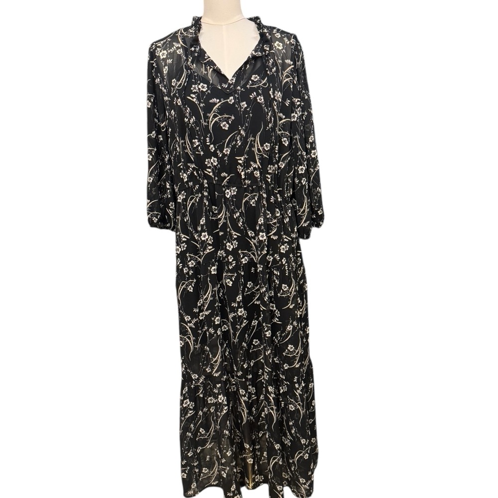 Melrose and Market Maxi Dress XL Black Floral Boho Long Sleeve Tiered